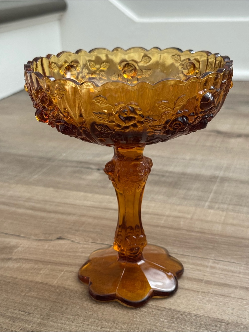 Vintage Fenton Amber Cabbage Rose Pedestal Compote Footed Glass Bowl